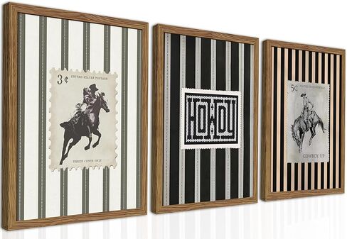 Framed Vintage Western Cowboy Wall Art Set of 3, Retro Cowboy Stamp and Stripe Prints, Classic Mid Century Riding Canvas Artwork, Rural Western Wall Decor for Living Room Bedroom Office 12x16in in Saudi Arabia
