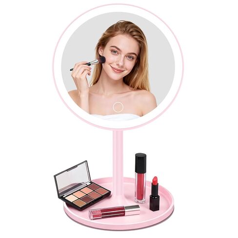 مرآة مكياج مع أضواء، مرآة مكياج وردية اللون قابلة لإعادة الشحن 4 في 1 تدور 360 درجة، 3 ألوان وسطوع قابل للتعديل، قابلة للفصل، مرآة مكياج مضيئة للمكتب والسفر in Kuwait
