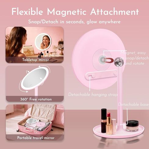 مرآة مكياج مع أضواء، مرآة مكياج وردية اللون قابلة لإعادة الشحن 4 في 1 تدور 360 درجة، 3 ألوان وسطوع قابل للتعديل، قابلة للفصل، مرآة مكياج مضيئة للمكتب والسفر in Kuwait