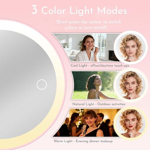 مرآة مكياج مع أضواء، مرآة مكياج وردية اللون قابلة لإعادة الشحن 4 في 1 تدور 360 درجة، 3 ألوان وسطوع قابل للتعديل، قابلة للفصل، مرآة مكياج مضيئة للمكتب والسفر in Kuwait