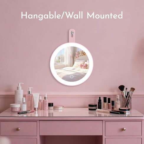 مرآة مكياج مع أضواء، مرآة مكياج وردية اللون قابلة لإعادة الشحن 4 في 1 تدور 360 درجة، 3 ألوان وسطوع قابل للتعديل، قابلة للفصل، مرآة مكياج مضيئة للمكتب والسفر in Kuwait