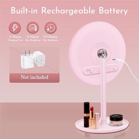 مرآة مكياج مع أضواء، مرآة مكياج وردية اللون قابلة لإعادة الشحن 4 في 1 تدور 360 درجة، 3 ألوان وسطوع قابل للتعديل، قابلة للفصل، مرآة مكياج مضيئة للمكتب والسفر in Kuwait
