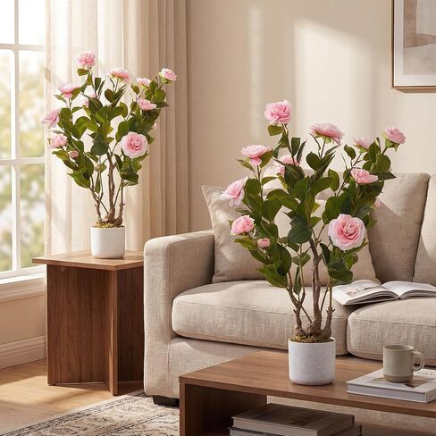 2.8FT Artificial Camellia Tree in White Planter, 2 Pack Faux Camellia Plant with 20 White Flowers, 34" Faux Flowers Potted Plant Trees for Home and Office Decor in Saudi Arabia