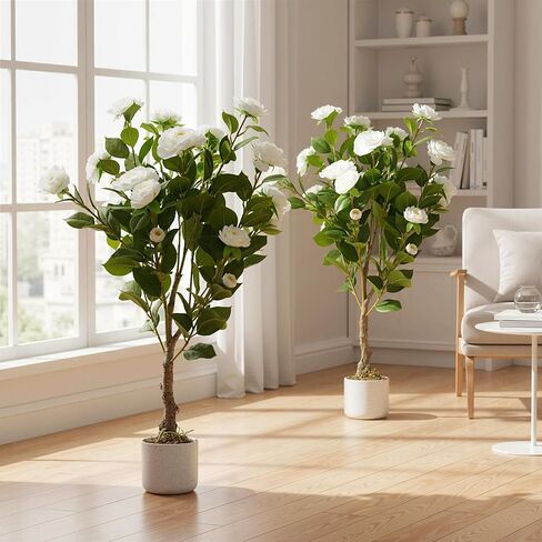2.8FT Artificial Camellia Tree in White Planter, 2 Pack Faux Camellia Plant with 20 White Flowers, 34" Faux Flowers Potted Plant Trees for Home and Office Decor in Saudi Arabia