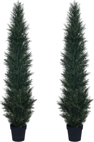 5FT Artificial Cedar Topiary Trees,Faux Cedar Tree Potted Plant in Nursery Planter,Fake Plant Fake Shrubs for Outdoor Indoor Front Porch Garden Decor(Set of 2) in Kuwait