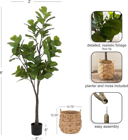 Kate and Laurel Fidmont Faux Fiddle Fig Tree with Livia Woven Basket, 6 FT, Natural Water Hyacinth, Potted Artificial Tree Indoor with Realistic Foliage and Added Moss, Fake Plant for Living Room in Saudi Arabia