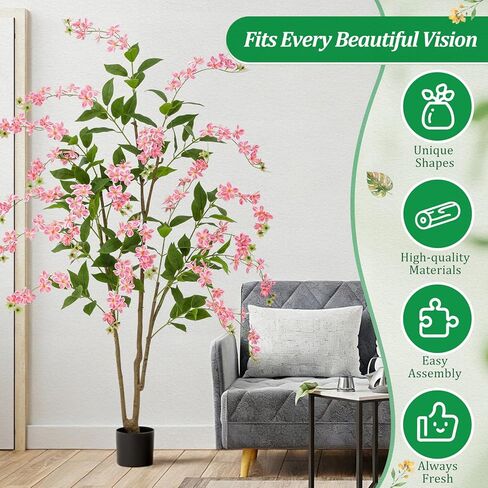 Giegxin 6 FT Artificial Flower Tree Fake Jasmine Plant, Potted Silk Tree Tall Faux Floor Plants and Pink Flower for Indoor Home Living Room Porch Office Decor in Saudi Arabia