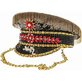 Black Gold Jewels Burning Man Festival Rave Hat, Holographic Crystal Rhinestones Military Captain Festival Hat Party Cosplay in Kuwait