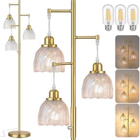 مصابيح أرضية ذهبية قابلة للتعتيم من ROTTOGOON لغرفة المعيشة، مصباح قائم على شكل شجرة عتيقة مع ظلال زجاجية، 3 مصابيح أرضية على شكل زهرة منتصف القرن الخفيفة لغرفة النوم والمكتب، 6 وات، ظلال ذهبية وخضراء مصقولة in Kuwait