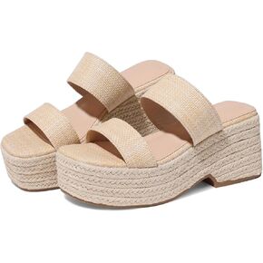 صندل إسبادريل نسائي بكعب عريض منزلق صيفي سهل الارتداء على منصة - ويدج، رافية، مقدمة مربعة، لطيف، حزامان من القش، أحذية زفاف كاجوال مريحة in Kuwait