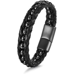 سوار هدايا للرجال من الجلد الأسود المضفر أساور من الفولاذ المقاوم للصدأ، هدية للرجال والأب والزوج والصديق والابن والحفيد والأخ وابن العم 7.5|8.5|9 بوصات in Kuwait