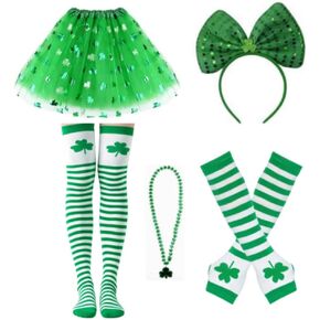 طقم زي عيد القديس باتريك مع تنورة توتو خضراء، وقفازات مخططة لتدفئة الذراع، وجوارب عالية، وعصابة رأس على شكل ربطة عنق وقلادة شامروك لإكسسوارات الحفلات النسائية in Kuwait