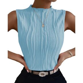 Poetsky Womens Summer Textured Tank Tops Sleeveless Mock Neck Tank Slim Fit Shirt Blouse in Kuwait
