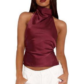 Halter Tops for Women 2026 Satin Backless Top High Mock Neck Women's Going Out Party Clubwear Camisole Sleeveless Top in Kuwait
