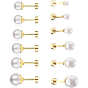 6 Pairs Pearl Earring, Gold Pearl Stud Earrings, Cartilage Piercing Flatback Stud Earrings, Exquisite Flat Back Studs for Gift Giving (3-8mm) in Kuwait