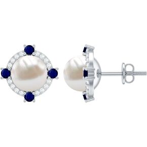 أقراط لؤلؤ المياه العذبة الطبيعية 6.5 قيراط من الفضة، جودة AAA، أقراط اللؤلؤ والياقوت - هدية للمناسبات الخاصة in Kuwait