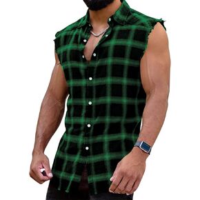 قميص رجالي بدون أكمام من الفلانيل، قمصان كاجوال منقوشة بأزرار للأسفل، قمصان رعاة البقر بدون أكمام in Kuwait