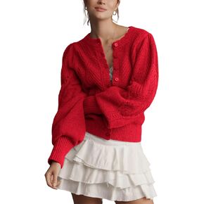 سترة نسائية خفيفة الوزن من نسيج Pointelle بأكمام منتفخة وأزرار سفلية مفتوحة من الأمام in Kuwait