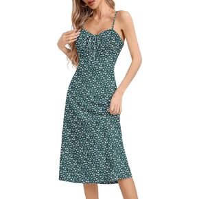Missufe Women's Summer Floral Midi Sundress Spaghetti Strap Drawstring Front Fit and Flare Casual Beach Dresses in Saudi Arabia