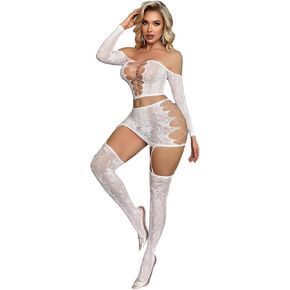 Lingerie Sets For Women Fishnet Bodysuit 2 Piece Fishnet BabyDoll Glow Party Club Outfits Garter Mini Skirt in Kuwait
