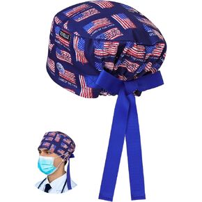 American Flag Scrub Caps for Men and Women with Buttons, Euro Style Surgical Hats, Adjustable and Breathable Patriotic Scrub Caps for Long or Short Hair in Kuwait