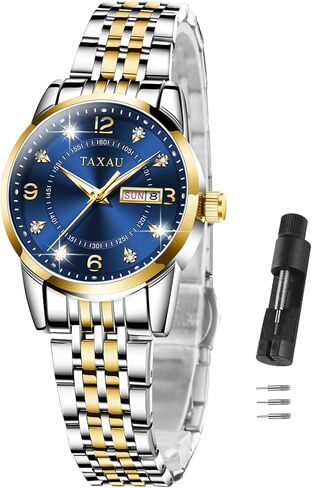 ساعات بدرجتين من اللون للنساء بمينا صغير وساعة نسائية للسيدات من الفولاذ المقاوم للصدأ ومقاومة للماء وسهلة القراءة للنساء مع فستان للتاريخ، ساعات يد كوارتز تناظرية للنساء، Reloj para Mujer فضي/أزرق in Kuwait