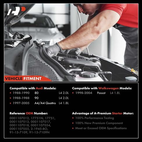A-Premium Starter Motor Compatible with Audi 80 90 2.0L, A4/A4 Quattro 1997-2005 L4 1.8L & Volkswagen Passat 1998-2004 1.8L, 12V 1.1KW 9 Teeth Clockwise, Replace# 0001107018, 0001107054, 0001107055 in Saudi Arabia