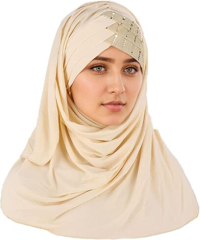 غطاء رأس إسلامي حجاب مزين بالترتر، وشاح بلون موحد خفيف الوزن وطويل وقابل للتعديل غطاء رأس مرن قابل للتمدد للنساء (بيج) in Kuwait