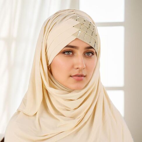 غطاء رأس إسلامي حجاب مزين بالترتر، وشاح بلون موحد خفيف الوزن وطويل وقابل للتعديل غطاء رأس مرن قابل للتمدد للنساء (بيج) in Kuwait