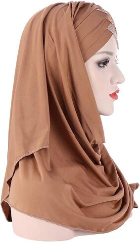 غطاء رأس إسلامي حجاب مزين بالترتر، وشاح بلون موحد خفيف الوزن وطويل وقابل للتعديل غطاء رأس مرن قابل للتمدد للنساء (بيج) in Kuwait
