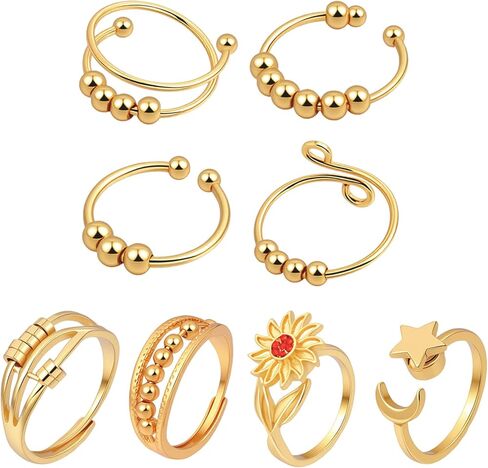 8 Pcs Fidget Rings for Women Men Open Flower Moon Star Ring Gold Rings Adjustable Gold Ring with Beads for Women Men Set Thumb Jewelry Birthday Christmas in Saudi Arabia
