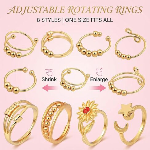 8 Pcs Fidget Rings for Women Men Open Flower Moon Star Ring Gold Rings Adjustable Gold Ring with Beads for Women Men Set Thumb Jewelry Birthday Christmas in Saudi Arabia