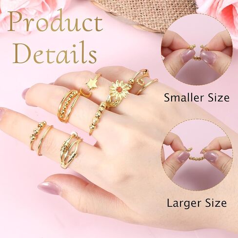 8 Pcs Fidget Rings for Women Men Open Flower Moon Star Ring Gold Rings Adjustable Gold Ring with Beads for Women Men Set Thumb Jewelry Birthday Christmas in Saudi Arabia