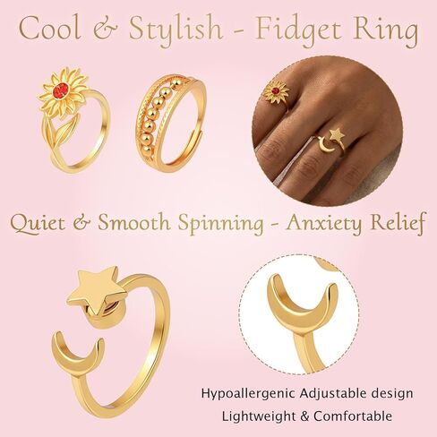8 Pcs Fidget Rings for Women Men Open Flower Moon Star Ring Gold Rings Adjustable Gold Ring with Beads for Women Men Set Thumb Jewelry Birthday Christmas in Saudi Arabia
