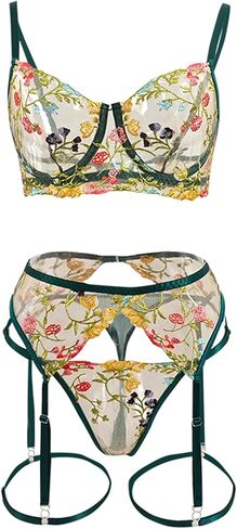 Vintage Floral Embroidered Lingerie Set - 4 Piece Sexy Bra & Panty Set,Soft Comfortable Bralette & Briefs in Saudi Arabia