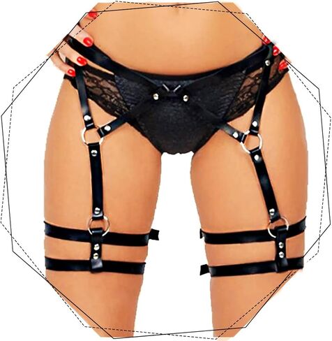 REETAN Leather Leg Harness Garter Belt Thigh Black Rave Fashion Body Accessories for Women in Kuwait