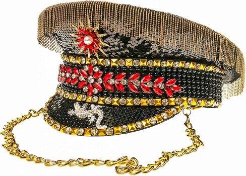 Black Gold Jewels Burning Man Festival Rave Hat, Holographic Crystal Rhinestones Military Captain Festival Hat Party Cosplay in Kuwait