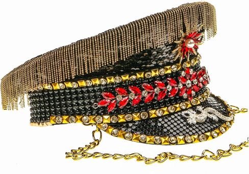 Black Gold Jewels Burning Man Festival Rave Hat, Holographic Crystal Rhinestones Military Captain Festival Hat Party Cosplay in Kuwait