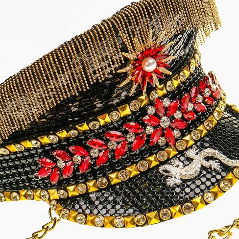 Black Gold Jewels Burning Man Festival Rave Hat, Holographic Crystal Rhinestones Military Captain Festival Hat Party Cosplay in Kuwait