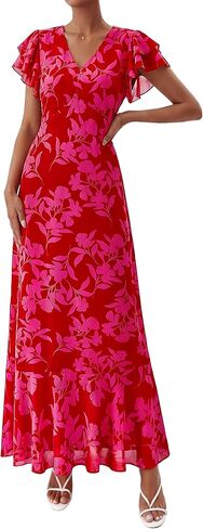 PRETTYGARDEN فساتين ضيوف الزفاف للنساء 2026 لربيع وصيف كم قصير كشكش على شكل حرف V رقبة على شكل حرف V فستان طويل طويل للشاطئ متدفق in Kuwait