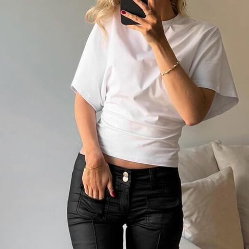 Womens Wide Short Sleeve Y2k Shirts Summer Going Out Grunge Tops Cinched Waist T Shirt Fitted Casual Cropped Top in Saudi Arabia