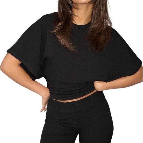 Womens Wide Short Sleeve Y2k Shirts Summer Going Out Grunge Tops Cinched Waist T Shirt Fitted Casual Cropped Top in Saudi Arabia
