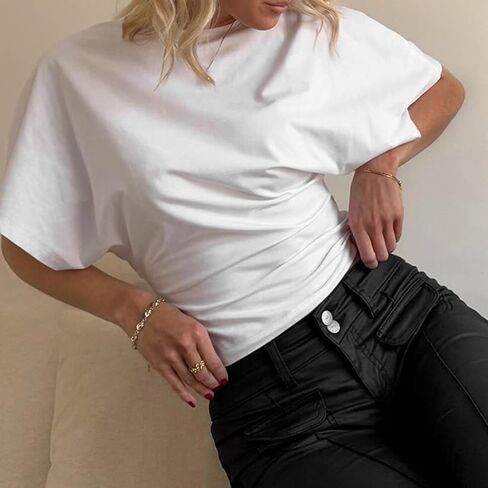 Womens Wide Short Sleeve Y2k Shirts Summer Going Out Grunge Tops Cinched Waist T Shirt Fitted Casual Cropped Top in Saudi Arabia