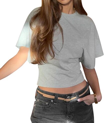 Womens Wide Short Sleeve Y2k Shirts Summer Going Out Grunge Tops Cinched Waist T Shirt Fitted Casual Cropped Top in Saudi Arabia