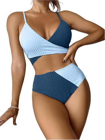 OYOANGLE Women's High Waisted Bikini Sets Color Block V Neck Wrap Bathing Suit Two Piece Swimsuits in Saudi Arabia