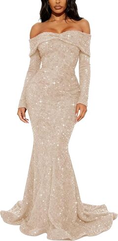 Sparkly Sequin Prom Dresses Long Sleeve Formal Dress Off Shoulder Mermaid Evening Gowns for Women in Saudi Arabia