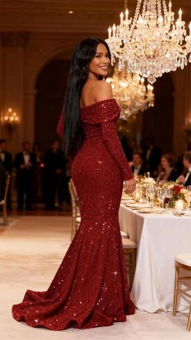Sparkly Sequin Prom Dresses Long Sleeve Formal Dress Off Shoulder Mermaid Evening Gowns for Women in Saudi Arabia