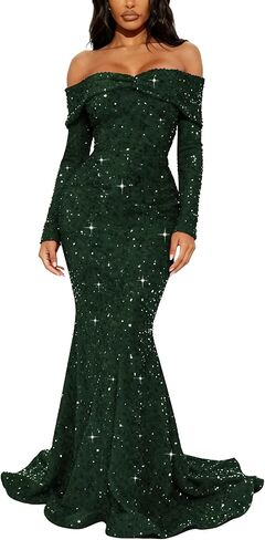 Sparkly Sequin Prom Dresses Long Sleeve Formal Dress Off Shoulder Mermaid Evening Gowns for Women in Saudi Arabia