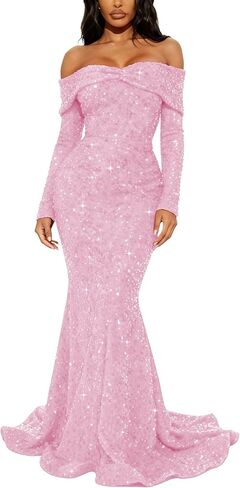 Sparkly Sequin Prom Dresses Long Sleeve Formal Dress Off Shoulder Mermaid Evening Gowns for Women in Saudi Arabia