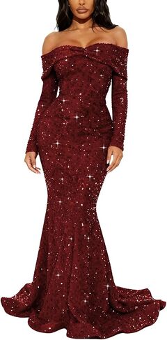 Sparkly Sequin Prom Dresses Long Sleeve Formal Dress Off Shoulder Mermaid Evening Gowns for Women in Saudi Arabia
